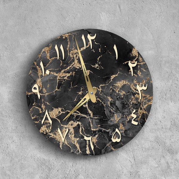 Horloge murale arabe, horloge arabe noir et or, horloge murale chiffres arabes, horloge murale en marbre, horloge murale en résine, horloge murale surdimensionnée moderne