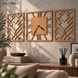 May include: A three-piece wall art set in beech wood featuring two rectangular panels with geometric lattice patterns and a central square clock with Roman numerals and black hands. The text Color: BEECH is visible in the top left corner.