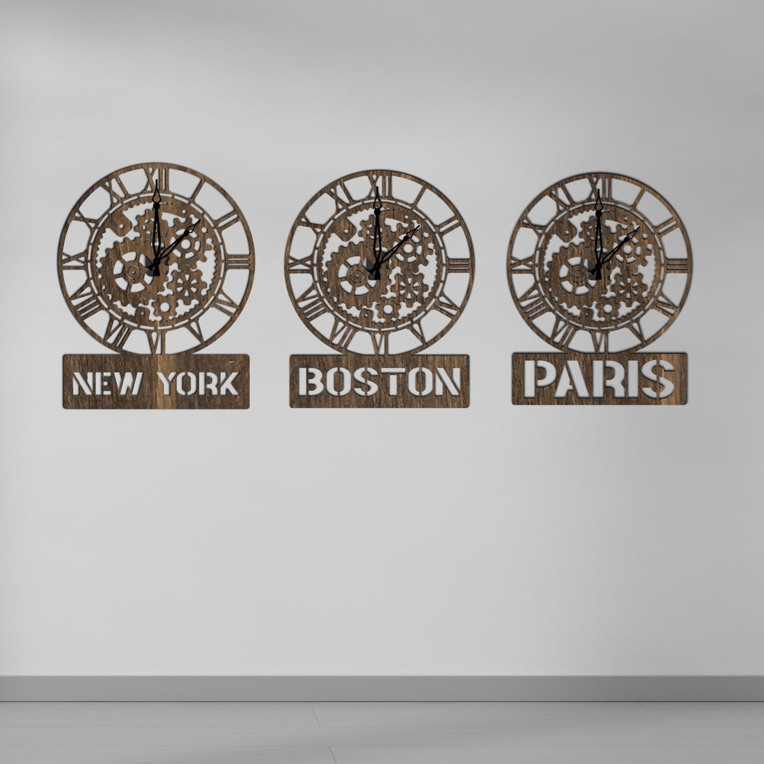 Custom City Clocks, World City Clocks, City Wall Clock, Gears Wall
