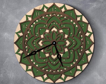 Mandala Wanduhr, Holzmandala Uhr, Blumen Wanduhr, Multilayer Uhr, Geometrische Wanduhr, Wanduhr Unikat Holz, Layered Mandala