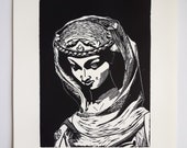 Hand printed linocut quot The Virtue crushing the Vice quot Gothic sculpture, Strasbourg Cathedral, black and white linoprint
