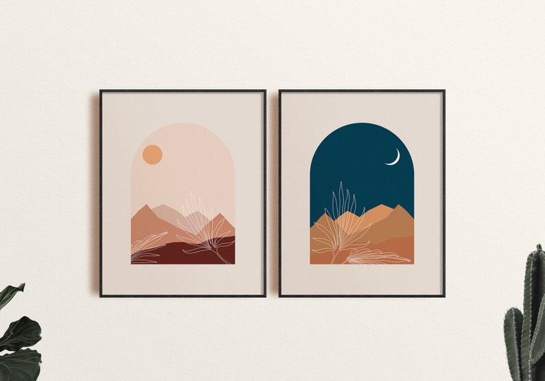 Bohemian Printable Moon Arch Window Sun Moon Set of 2 Palm Leaves Boho Landscape Print Boho Bedroom Art Neutral Tones Desert Diptych