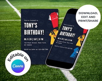 Arsenal Football Party Invitation: Retro Soccer Birthday, Editable Canva Template (Digital Download)