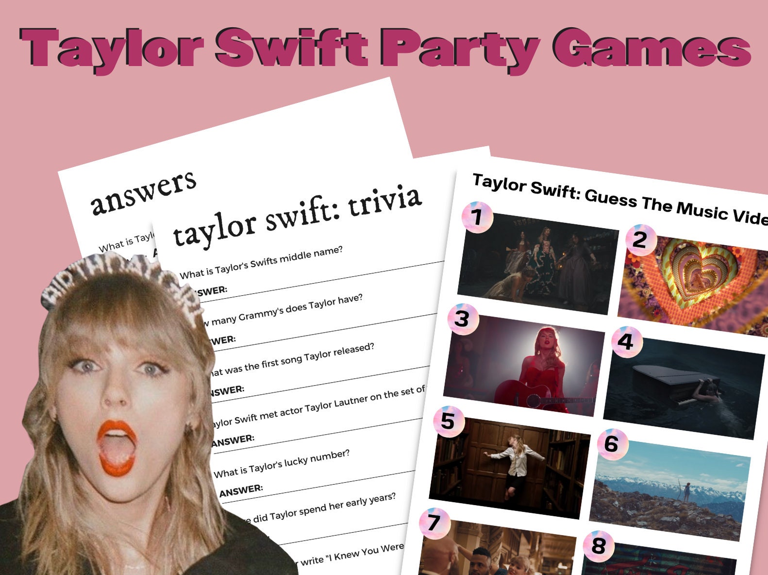 Taylor Swift Party Games Trivia & Music Video Quiz, Downloadable and Printable Digital Party