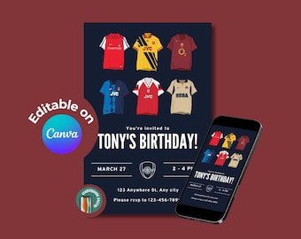Retro Arsenal Football Birthday Invitation: Editable Canva Template (Digital Download)