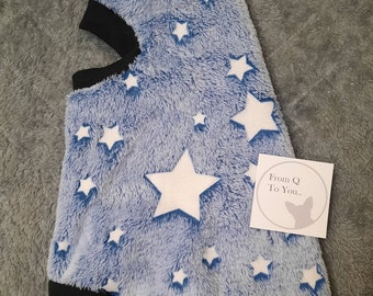 Glow In The Dark!! Fluffy Fleece Stars in Blue. Sphynx Clothing, Cat, Dog - Pet Jumper in light Fleece