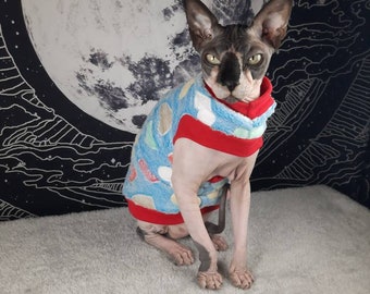 Red, Green, Brown Hearts on Blue Fluffy Fleece. Sphynx Clothing, Cat, Dog - Pet Jumper in light Fleece