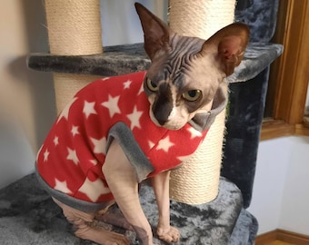 Starry Cherry Red Winter Coat. Thick Winter Jumper. Lined Fleece Sphynx Clothing, Cat, Dog - Pet Jumper in light Fleece