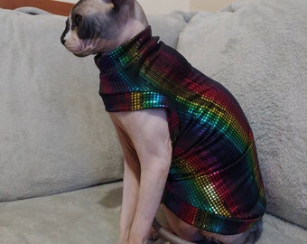 Rainbow pixels Pride Geometric Sphynx Clothing. *** fleece lined inside***  Cat, Dog - Pet Jumper. Top stretch.