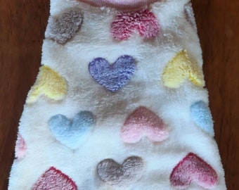 Pastel Rainbow Hearts on White Fluffy Fleece. Sphynx Clothing, Cat, Dog - Pet Jumper in light Fleece
