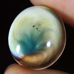 May include: A smooth, round, polished cabochon gemstone featuring a swirling blend of colours including creamy white, soft yellow, deep teal, and dark brown. The surface has a glossy, reflective finish with small, dark, irregular inclusions.