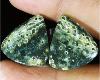 Könnte beinhalten: Zwei dreieckige Edelsteine mit dunkelgrüner Grundfarbe und helleren grün-weißen Mustern. Die Steine weisen kleine, kreisförmige Einschlüsse auf und werden zwischen Fingern gehalten.