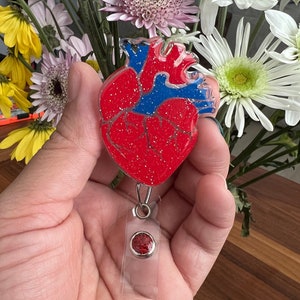 Heart Badge Reel, Glitter Badge Reel, Custom Badge Reel, Anatomical Heart Badge Reel, Alligator Clip Badge Reel, Retractable