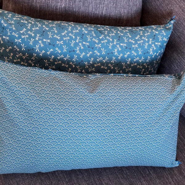 Cushion cover - pillowcase - reversible in duck blue tones - in Japanese fabrics with dragonflies and geometric patterns