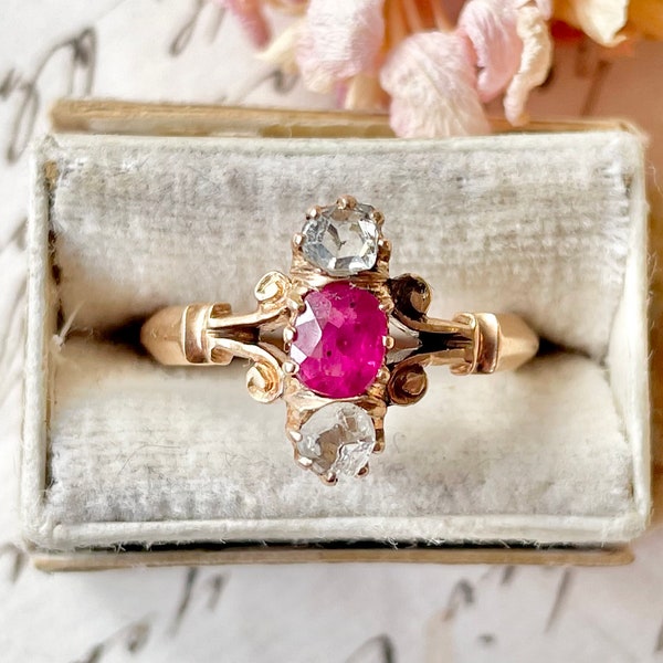 Victorian Austro-Hungarian Ruby & Diamond Ring in 14 Carat Rose Gold; Circa 1880