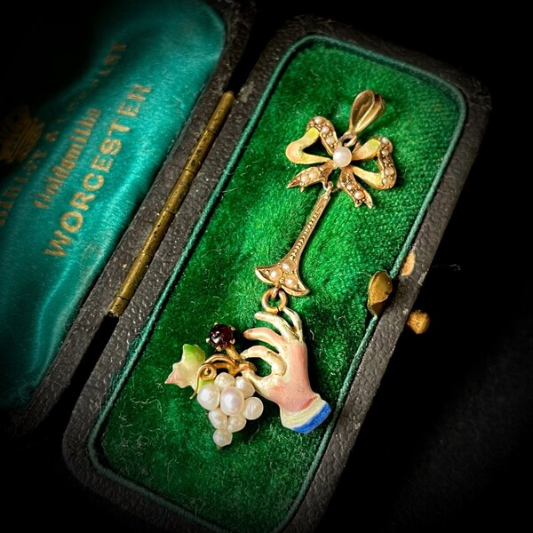Victorian Enamel, Pearl & Garnet Hand Picking Grapes in 10 Carat Gold; Circa 1880