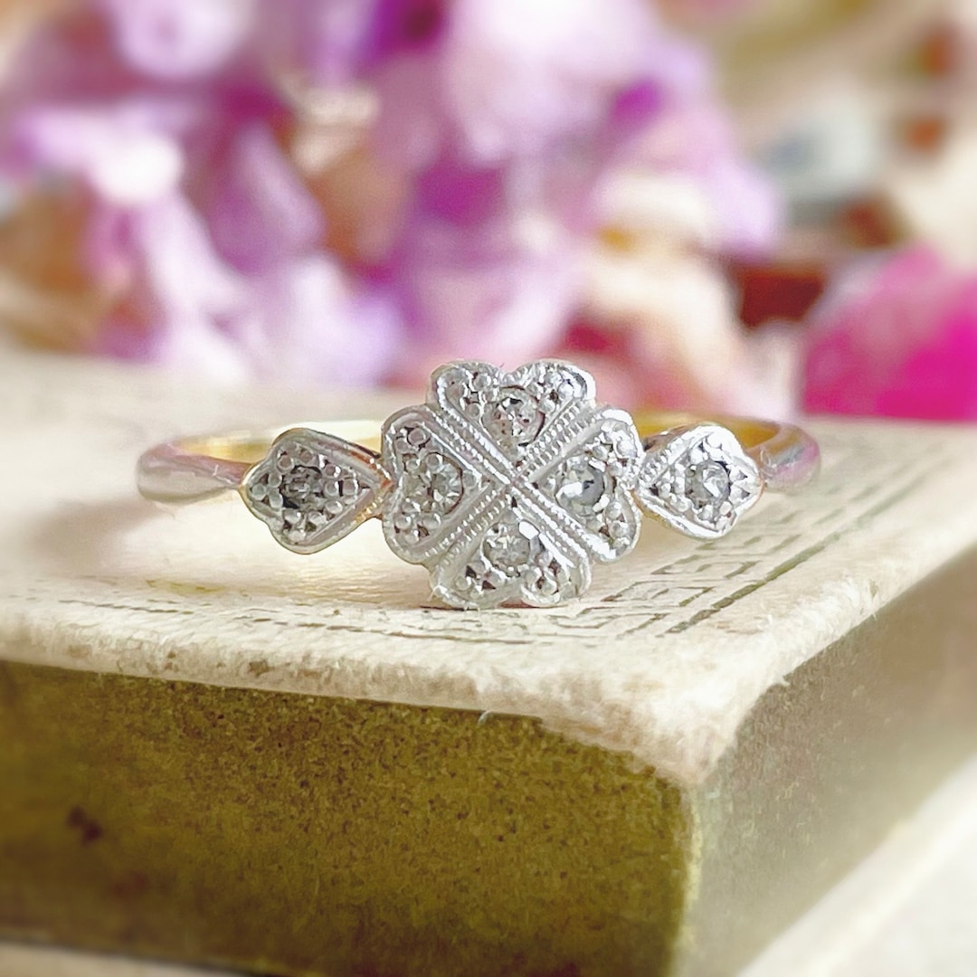 Antique Lucky Four Leaf Clover Diamond Edwardian Ring in 18 Carat Gold ...