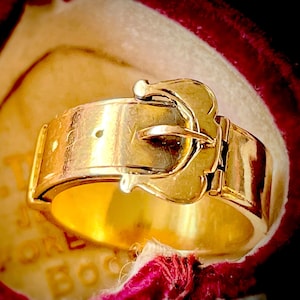 RARE Victorian Mourning Buckle Locket Ring with Engraving in 18 Carat Gold; Circa 1880