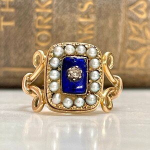 Antique Diamond, Blue Enamel & Pearl Ring