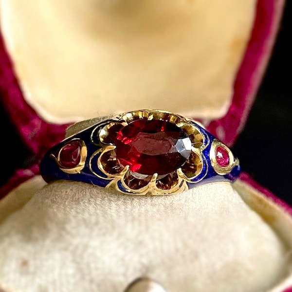 Antique Garnet, Ruby & Enamel Ring in 18 Carat Gold; Circa 1880
