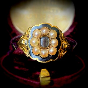 Georgian William Eaton Enamel & Pearl Mourning Ring in 18 Carat Gold; Circa 1830