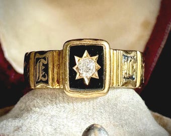 Antique Enamel & Diamond Signet Ring in 18 Carat Gold; Circa 1836