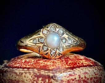 Antique Diamond & Pearl Mourning Ring with Inscription; Circa 1866