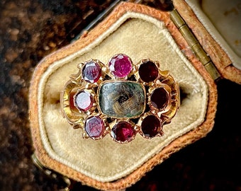 Georgian Garnet Locket Mourning Ring in 9 Carat Gold; Circa 1830