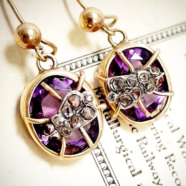 Antique Victorian Amethyst & Diamond Fly Earrings in 9 Carat Gold; Circa 1880