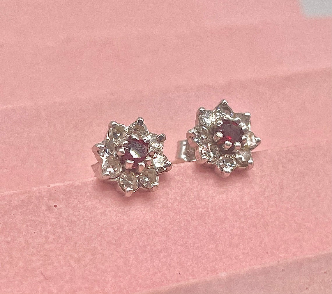 Vintage Diamond and Ruby Cluster Earrings in 9ct White Gold | Etsy