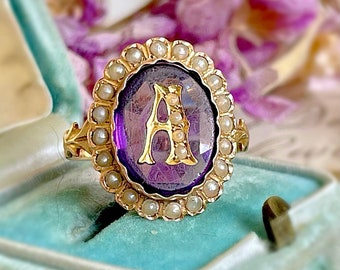 Victorian Amethyst & Pearl Letter A Ring in 9 Carat Gold, Circa 1880