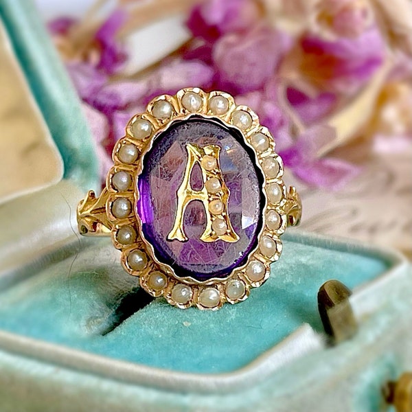 Victorian Amethyst & Pearl Letter A Ring in 9 Carat Gold, Circa 1880