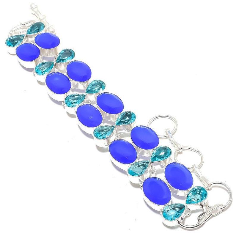 Free Shipping Blue Onyx Blue Topaz Gemstone Silver Jewelry Bracelet 7-8 MQ-1167