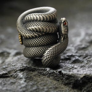 May include: A coiled silver-toned snake ring with detailed scales and a red eye. The snake's body is wrapped around itself, creating a three-dimensional effect. The ring is set against a textured, gray background, highlighting the intricate design.