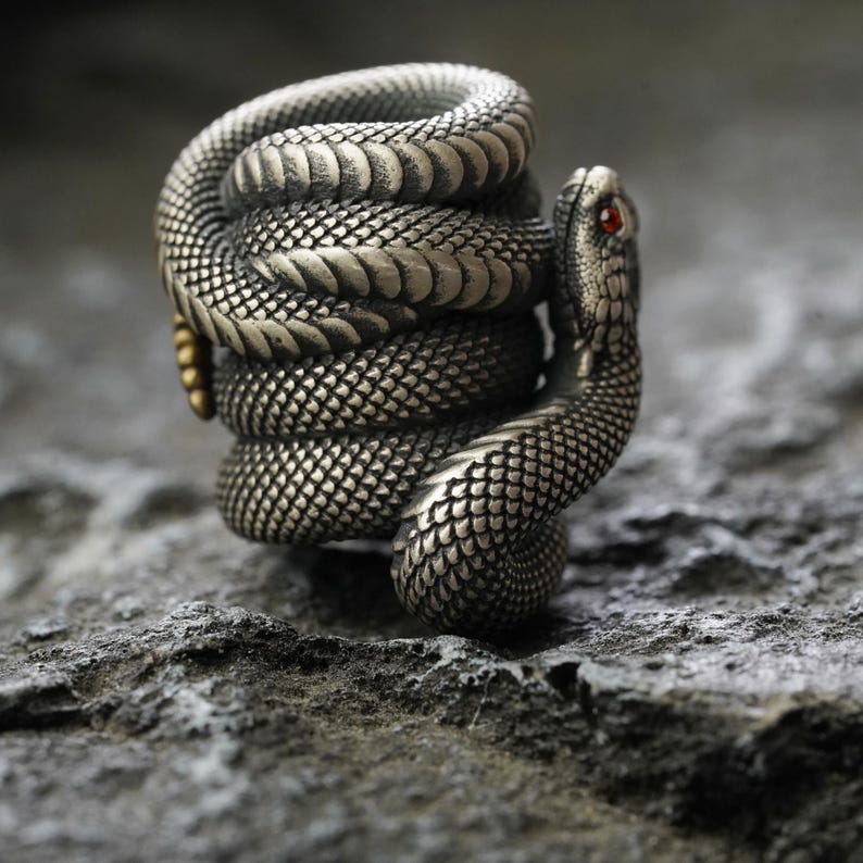 May include: A coiled silver-toned snake ring with detailed scales and a red eye. The snake's body is wrapped around itself, creating a three-dimensional effect. The ring is set against a textured, gray background, highlighting the intricate design.