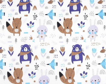 9,50 Euro/meter, cotton fabric, animals in the forest, bear, rabbit, fox, blue, 160 cm wide, new !