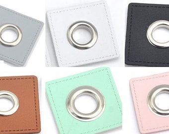 Faux leather patches with eyelets, 27 mm / 8 mm eyelet, for sewing, 6 colors