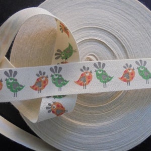 0.60 euros/meter, 4 meters of cotton ribbon, woven ribbon, birds, 15 mm wide