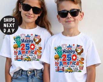 Happy 250 America Kids Shirt, Cute USA Birthday Graphic Tee, 1776 2026 Patriotic Cartoon Youth Gift, 4th of July Outfit Top for Men Women