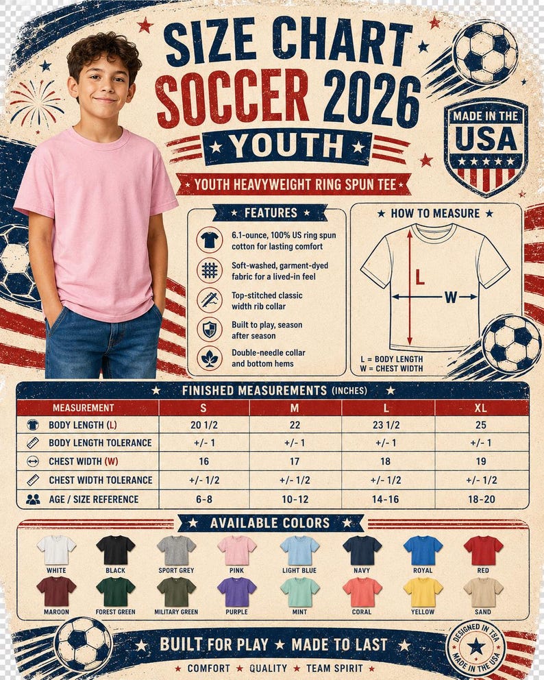 Puede incluir: Una tabla de tallas de f&uacute;tbol juvenil para 2026 que presenta una camiseta rosa, caracter&iacute;sticas del producto, un diagrama de medidas con etiquetas de largo y ancho, una tabla de medidas terminadas en pulgadas y muestras de colores disponibles.