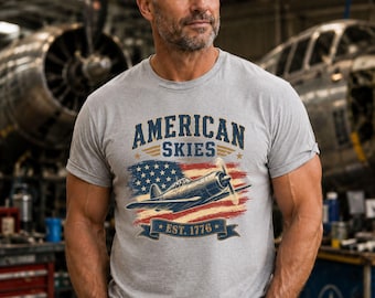 Camiseta American Skies, camiseta patriótica vintage de aviones de guerra, regalo de aviación de la Segunda Guerra Mundial para el 4 de julio, Día de la Independencia de EE. UU. 1776 para hombres y mujeres
