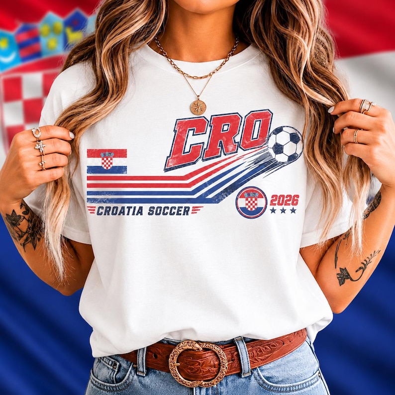 Vintage Croatia soccer shirt with retro flag design on ivory tee
