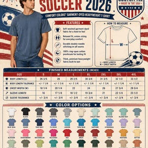 Puede incluir: Una tabla de tallas para una camiseta pesada Comfort Colors con una persona vistiendo una camiseta azul, un diagrama de c&oacute;mo medir el largo y ancho, una tabla de medidas terminadas en pulgadas y una cuadr&iacute;cula de opciones de colores.
