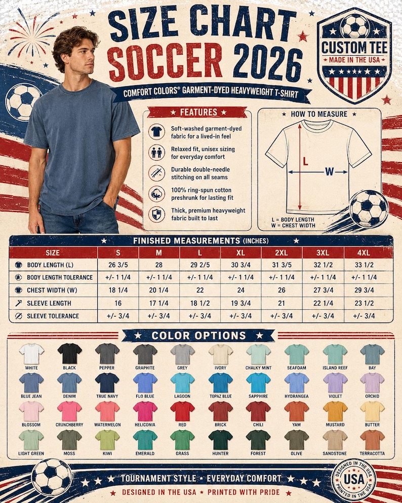 Puede incluir: Una tabla de tallas para una camiseta pesada Comfort Colors con una persona vistiendo una camiseta azul, un diagrama de c&oacute;mo medir el largo y ancho, una tabla de medidas terminadas en pulgadas y una cuadr&iacute;cula de opciones de colores.