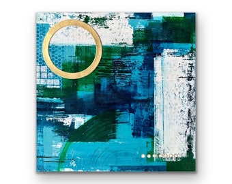 Abstract Art, 12”x 12” Green, Blue, White, and Gold One of a Kind Acrylic Mixed Media Painting on Canvas