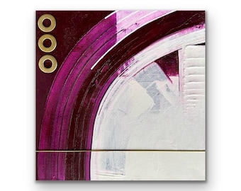 Abstract Art, 10” x 10” Magenta, White, & Gold One of a Kind Acrylic Mixed Media Painting on Canvas