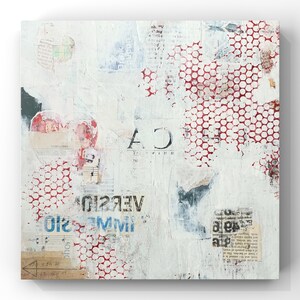 Abstract Art, 10” x 10” White and Red One of a Kind Acrylic Mixed Media Collage Painting on Canvas