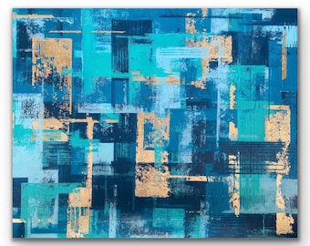Abstract Art, 24” x 30” Blue, Teal, & Gold One of a Kind Acrylic Mixed Media Painting on Canvas