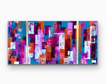 Abstract Art, 24” x 48” Pink, Orange, Teal, White, & Gold One of a Kind Acrylic Mixed Media Painting on Canvas