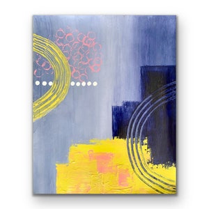 Abstract Art, 11&quot; x 14&quot; Blue, Yellow, & Pink One of a Kind Acrylic Painting on Paper with Mat